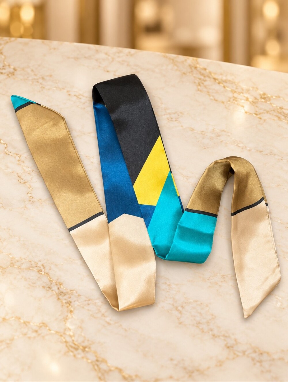 🕯Silky Twilly Scarf Geometric Print Teal Gold Black Purse Handle Wrap NWOT